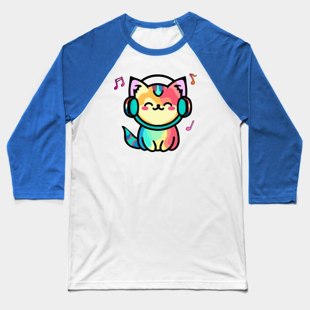 Happy smiling baby pussy cat with headphones. Kawaii cartoon Baseball T-Shirt by SPJE Illustration Photography